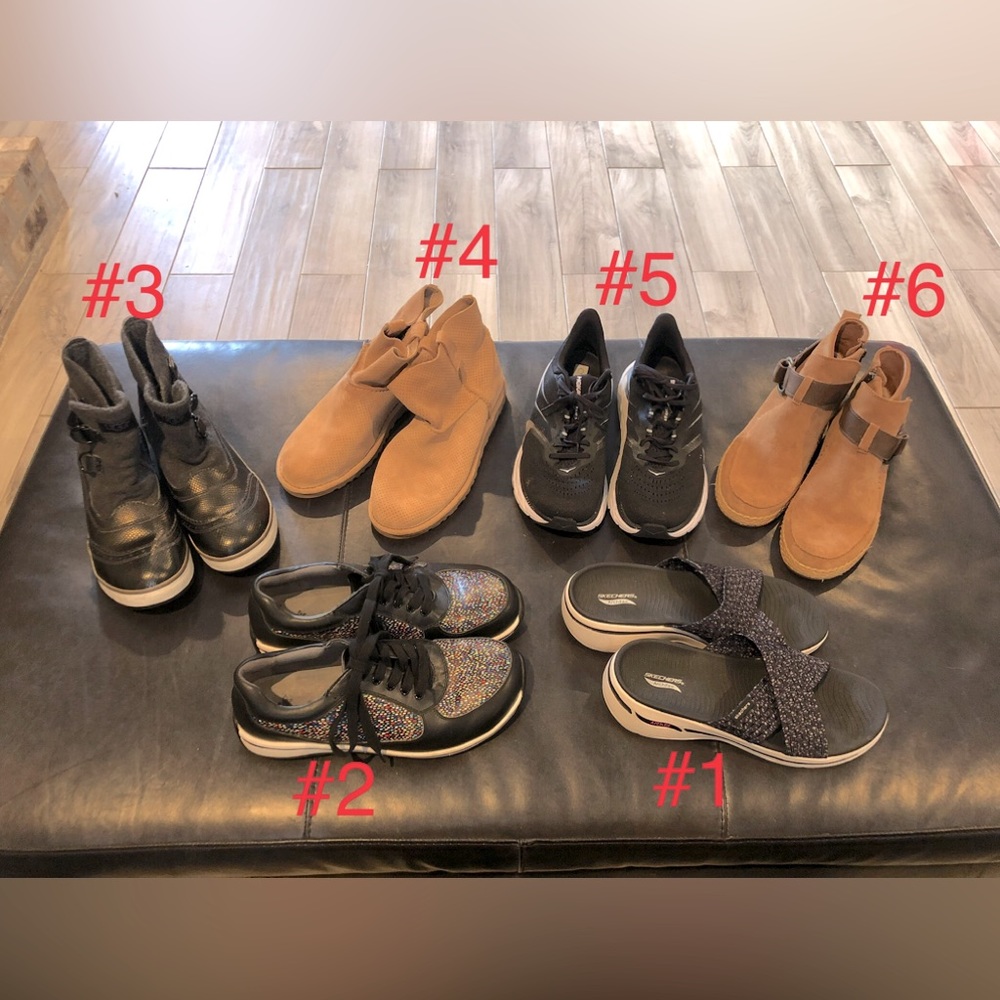 Shoes and Booties. Six pairs: Skechers, Alegria, Ugg, and Hoka.